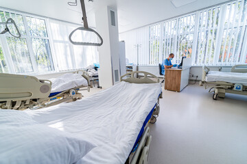 Modern medical bed and a special device in the modern ward. Resuscitation chamber in the hospital....