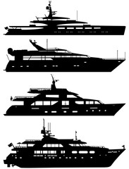 Group of silhouettes of motor yachts isolated on a white background.