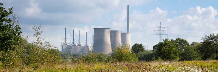 Wiese mit Wildblumen vor stillgelegtem Kohlekraftwerk, Werne, Nordrhein-Westfalen, Deutschland, Europa © lichtbildmaster