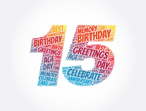Happy 15th birthday word cloud, holiday concept background
