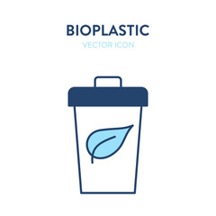 Bioplastic cup icon. Vector illustration of a disposable bioplastic cup with leaf eco label. Represents concept of recycled plastic, environmental conservation, eco-friendly technology, organic