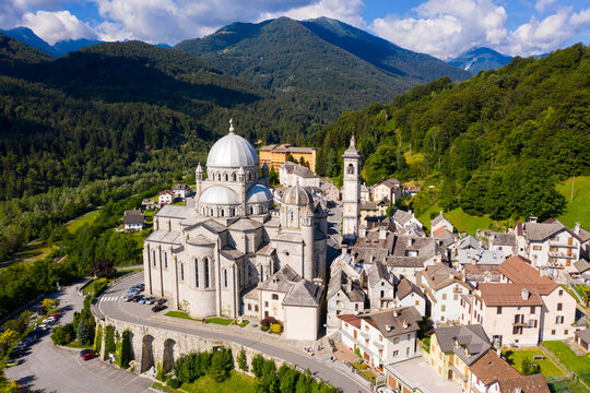 Aerial view of the Cristo Re Church in Messina at sunny day, Italy