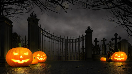Cemetery entrance gate with scary halloween pumpkins around at dark night. Halloween holiday theme 3d background illustration.	

