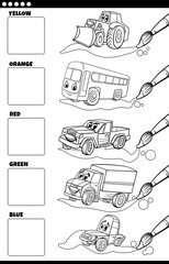 basic colors with cartoon vehicles coloring book page