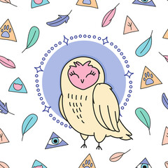 cute cartoon sleepy owl on magic white background seamless pattern, hand drawn editable vector illustration