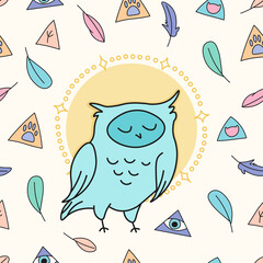 cute cartoon sleepy owl on magic yellow background seamless pattern, hand drawn editable vector illustration