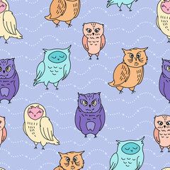 cute cartoon owls on magic purple background seamless pattern, hand drawn editable vector illustration
