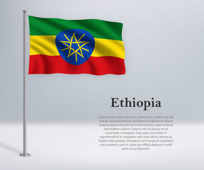 Waving flag of Ethiopia on flagpole. Template for independence day