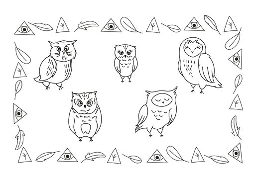 cute cartoon owls silhouettes on white background with doodle elements, hand drawn editable vector illustration for kids coloring book