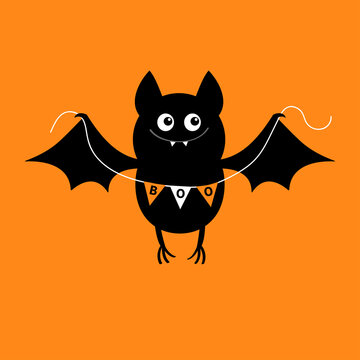 Flying bat holding bunting flag Boo. Happy Halloween. Scary black animal. Cute cartoon kawaii spooky character. Smiling face, wings. Orange background Greeting card. Flat design.