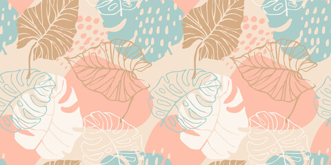 Fototapeta na wymiar Abstract creative seamless pattern with tropical plants and artistic background.