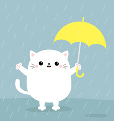 White cat holding yellow umbrella. Rain drops. Hello autumn. Cute kawaii funny cartoon baby character. Pet animal collection. Blue background. Isolated.