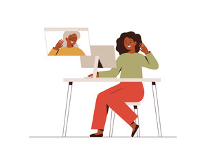 Young black woman has a video call with her mature mother. Happy daughter makes online conversation with her grandmother at the computer. Family web communication. Vector illustration
