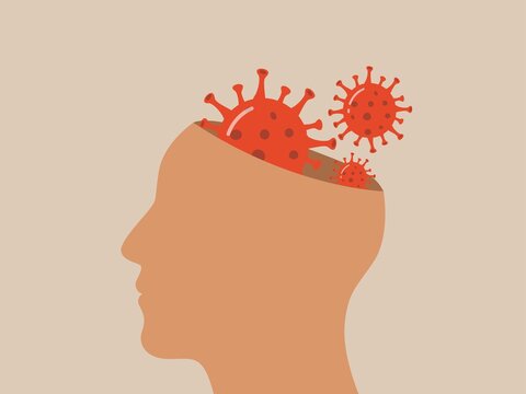 Vector Banner With A Coronavirus Virion Instead Of A Brain In The Human Head, And Viral Cells Around It. Mental Health And Stop Coronavirus Concept Poster. Global Pandemic COVID-19