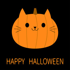 Happy Halloween. Cat pumpkin. Funny creepy smiling face. Cute cartoon kawaii baby character. Kitten kitty eyes, ears. Greeting card. Black background. Isolated. Flat design.
