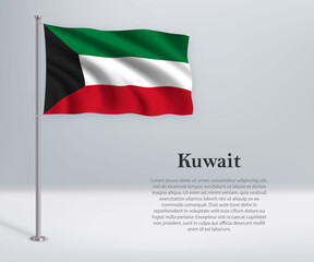 Waving flag of Kuwait on flagpole. Template for independence day