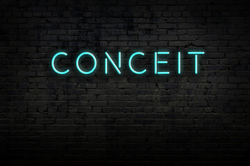 Neon sign. Word conceit against brick wall. Night view