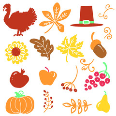 Happy Thanksgiving day objects. Vector Beautiful handwritten Illustration Autumn symbols isolated on white.