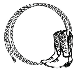 Cowboy rope frame with Western boots. Vector illustration cowboy background for text - obrazy, fototapety, plakaty