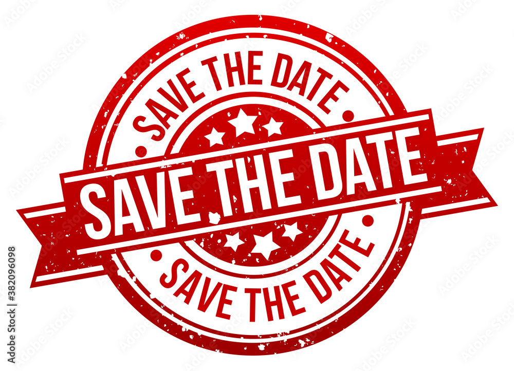 Poster save the date stamp button banner badge in red.