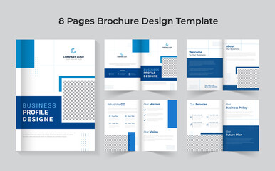 8 pages of company profile design.  Classic blue business brochure in templates. Multipurpose presentation layout design.