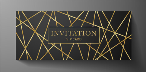 Premium invite VIP card template with gold line pattern on black background. Rich golden holiday design useful for invitation event, luxury gift certificate, exclusive voucher - obrazy, fototapety, plakaty
