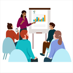 Fototapeta na wymiar Business Strategy Courses for Women. Businesswoman Coach in Fashioned Dress Doing Presentation, Read Lecture or Seminar at Big Screen with Graphs for Female Audience. Cartoon Flat Vector Illustration.