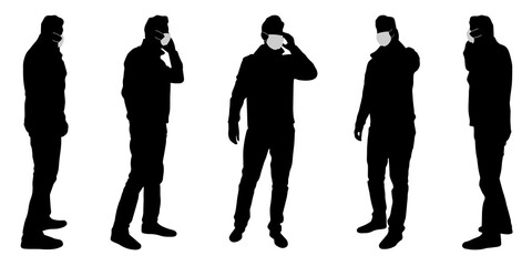 Vector concept conceptual  silhouette men talking while social distancing as means of prevention and protection against coronavirus contamination. A metaphor for the new normal.