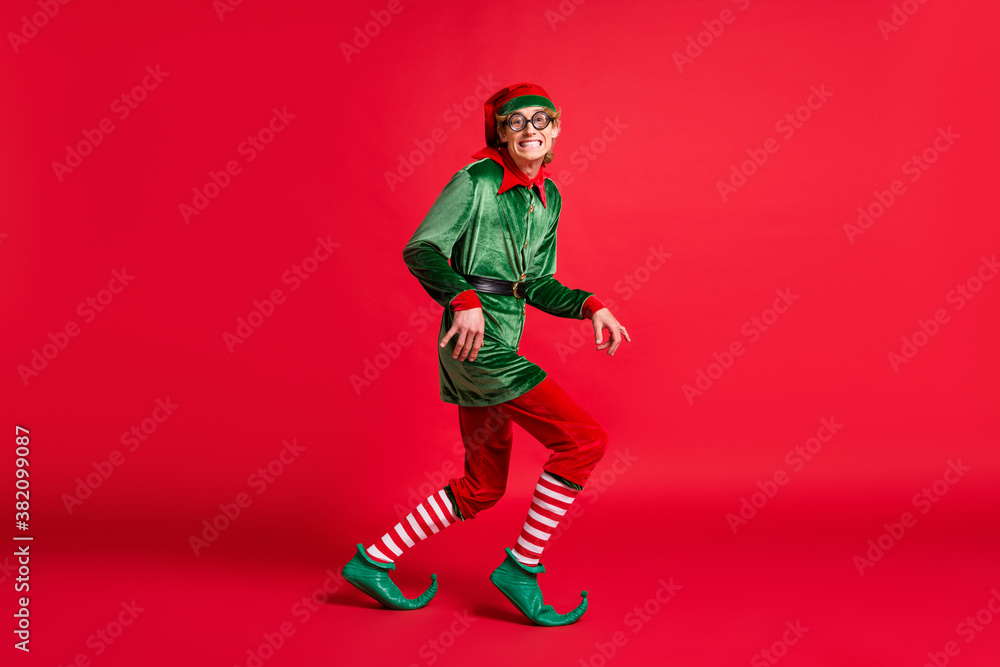 Poster full length profile side photo of cunning elf sneak empty space isolated over bright shine color bac