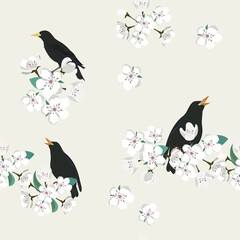 Seamless vector illustration with a blooming apple and bird nightingale.