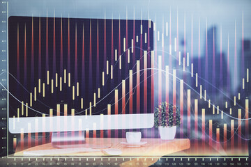 Forex market graph hologram and personal computer on background. Multi exposure. Concept of investment.