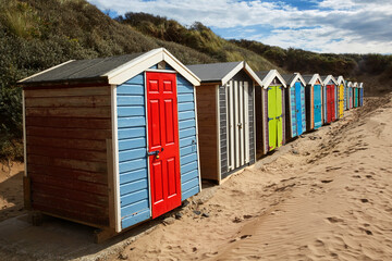 Row of beach huts along Saunton Sands in North Devon, UK