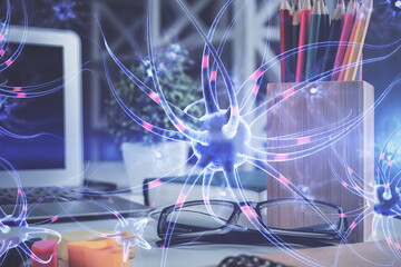 Neuron drawing with glasses on the table background. Concept of human brain. Double exposure.