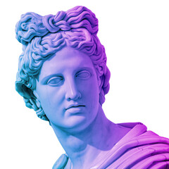 Statue of of Apollo God of Sun. Creative concept colorful neon image with ancient greek sculpture...