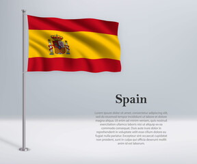 Waving flag of Spain on flagpole. Template for independence day