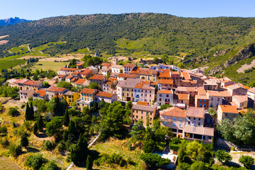 Fototapeta na wymiar Aerial view of little village Cucugnan in the Aude area in France