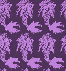 Seamless pattern with mermaid. Mermaids repeating texture. Tiled pattern.
