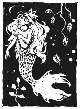 Graphic illustration with mermaid. Ink doodle handmaid, vector element. Sea - mermaids theme. 