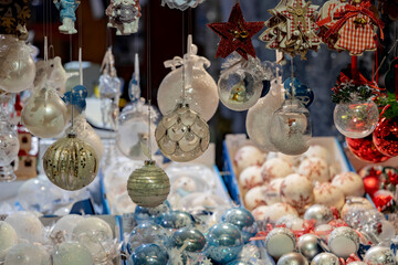 Christmas market fair kiosk with handcrafted  christmas decorations.