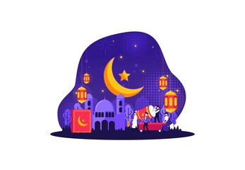 People do takbir traveling which has become a habit every night of Eid celebration. Vector illustration