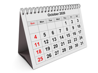 Monthly calendar - month October 2020