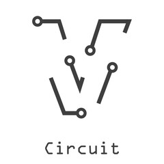 Logotipo abstracto letra inicial V lineal como circuito electrónico en color gris