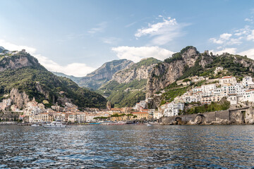 Fototapeta premium Beautiful Landscape with Amalfi town at famous amalfi coast, Italy with the bell tower (campanile) of the amalfi cathedral (duomo)