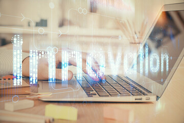 Businessman working on Laptop with technology theme drawing. Concept of big data. Double exposure.