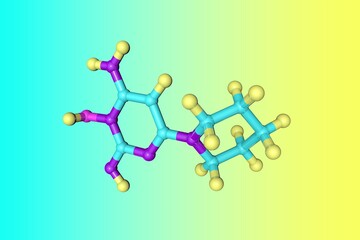 Molecular structure of minoxidil, an antihypertensive vasodilator medication that is used to treat hair loss. Scientific background. 3d illustration