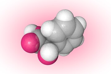 Molecular model of mandelic acid. Atoms are represented as spheres with color coding: carbon (grey), oxygen (red), hydrogen (white). Scientific background. 3d illustration