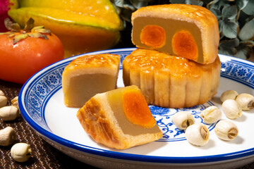 Hong Kong 2020 : A Plate Of White Lotus Seed Paste Moon Cakes With Two Yolks