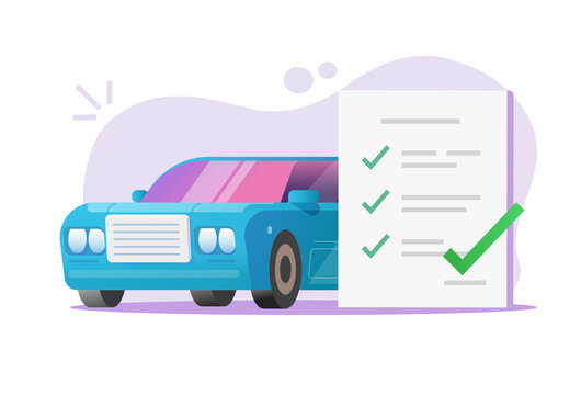 Car vehicle maintenance inspection checklist review report vector 3d, auto diagnostic checkup list form document with check mark ticks, automobile registration fix estimate, analyzes state test