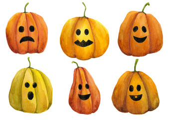 Watercolor hand drawn pumpkins set. Halloween pumpkins illustration. Jack o lanterns clip arts on white background.