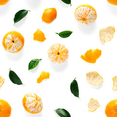 Mandarine seamless pattern, tangerine, clementine isolated on white background with green leaves. Collection of fine seamless patterns.